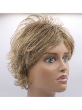 Short Blonde Layered Wig Pixie Tousled Style Adjustable Mesh Cap Modacrylic PVC